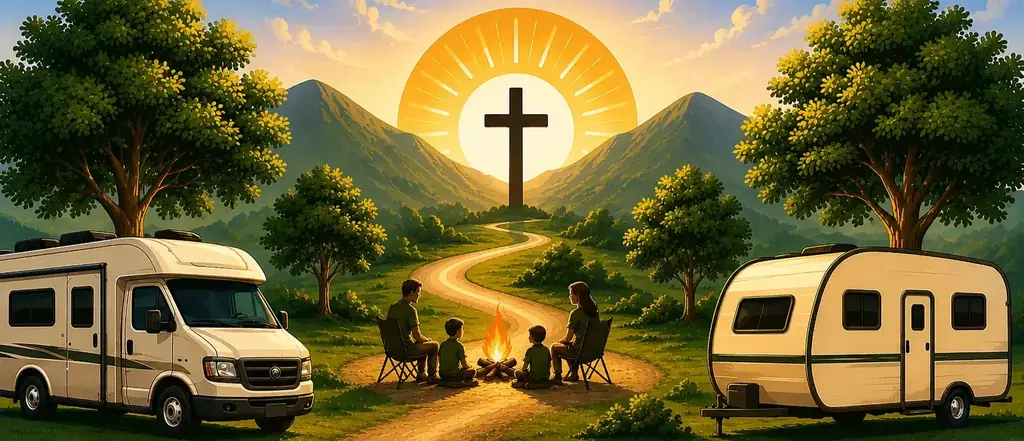 Family gathered by a campfire at Journey's RV Park in Temple, Texas, with RVs, rolling hills, and a glowing cross at sunset